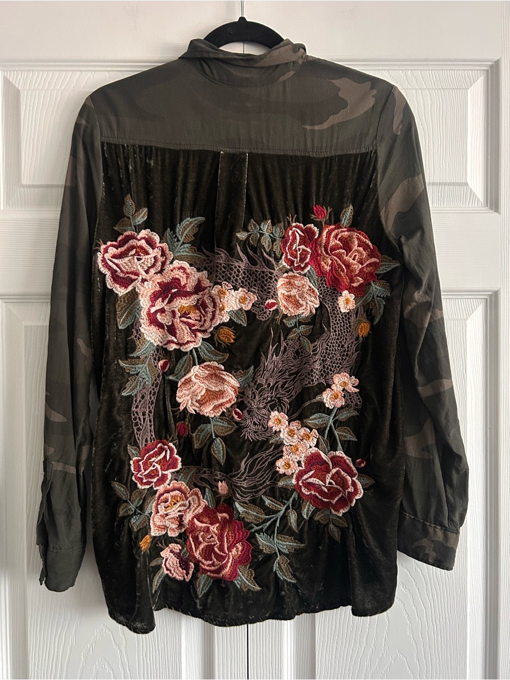Johnny Was Workshop Silk Velvet Embroidered Camo Blouse.
